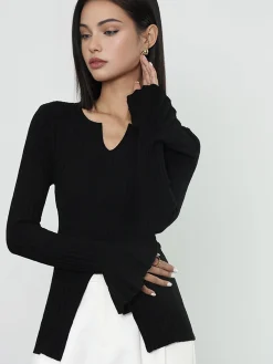 Hot Ribbed Split Ruffle Knit Top Sweater Tops|Sweaters & Cardigans