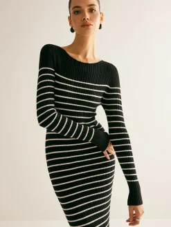 New Ribbed Striped Panel Sweater Dress Black Dresses|Sweater Dresses