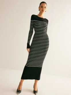 New Ribbed Striped Panel Sweater Dress Black Dresses|Sweater Dresses