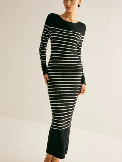 New Ribbed Striped Panel Sweater Dress Black Dresses|Sweater Dresses