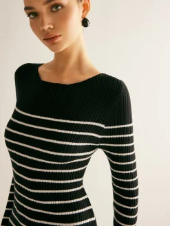 New Ribbed Striped Panel Sweater Dress Black Dresses|Sweater Dresses