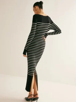 New Ribbed Striped Panel Sweater Dress Black Dresses|Sweater Dresses