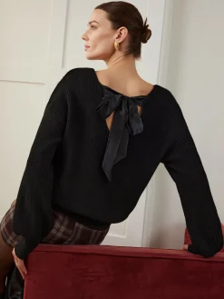 Discount Ribbed V-Neck Bow Sweater Sweater Tops|Sweaters & Cardigans