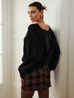 Discount Ribbed V-Neck Bow Sweater Sweater Tops|Sweaters & Cardigans