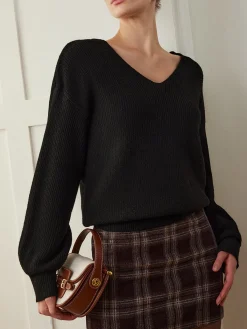 Discount Ribbed V-Neck Bow Sweater Sweater Tops|Sweaters & Cardigans