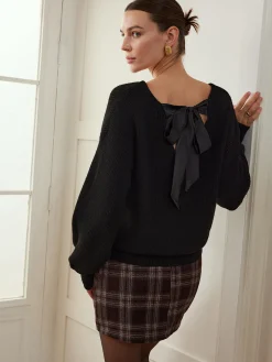 Discount Ribbed V-Neck Bow Sweater Sweater Tops|Sweaters & Cardigans