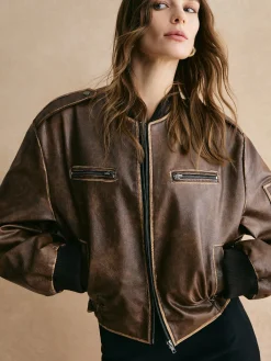 Clearance Ribbed-Cuff Zipper PU Leather Jacket Outerwear|Jackets