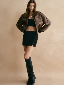 Clearance Ribbed-Cuff Zipper PU Leather Jacket Outerwear|Jackets