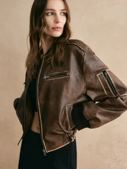 Clearance Ribbed-Cuff Zipper PU Leather Jacket Outerwear|Jackets