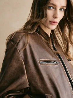 Clearance Ribbed-Cuff Zipper PU Leather Jacket Outerwear|Jackets