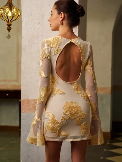 Online Romance Floral Backless Mesh Dress Cocktail & Party Dresses|Vacation Dresses