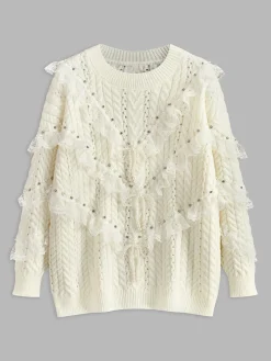 Best Romance Lace Trim Beaded Sweater Sweater Tops|Sweaters & Cardigans