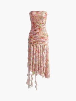 Discount Romance Mesh Ruffle Tube Dress Casual Dresses|Vacation Dresses