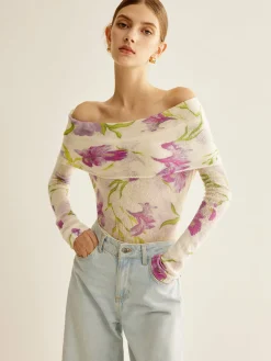 Best Romance Off-Shoulder Printed Knit Top Sweater Tops|Sweaters & Cardigans