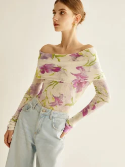 Best Romance Off-Shoulder Printed Knit Top Sweater Tops|Sweaters & Cardigans