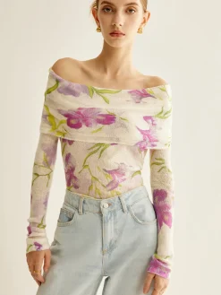 Best Romance Off-Shoulder Printed Knit Top Sweater Tops|Sweaters & Cardigans