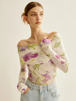 Best Romance Off-Shoulder Printed Knit Top Sweater Tops|Sweaters & Cardigans