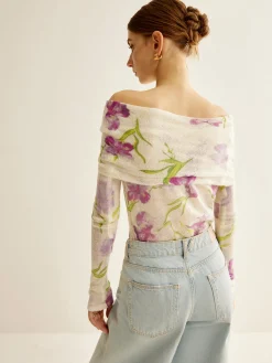 Best Romance Off-Shoulder Printed Knit Top Sweater Tops|Sweaters & Cardigans