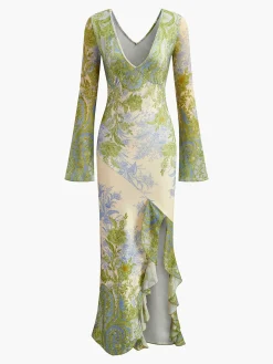Discount Romance V-Neck Printed Ruffle Dress Cocktail & Party Dresses|Long Dresses