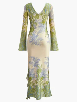 Discount Romance V-Neck Printed Ruffle Dress Cocktail & Party Dresses|Long Dresses