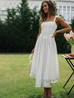 Outlet Romantic Cotton Long Cami Dress White Dresses|Casual Dresses