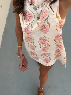 Discount Romantic Print Sleeveless Short Dress White Dresses|Casual Dresses