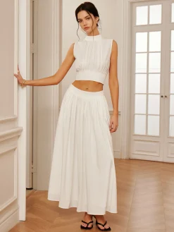Outlet Romantic Sleeveless Pleated Skirt Set Skirt Sets|Long Sleeve Sets