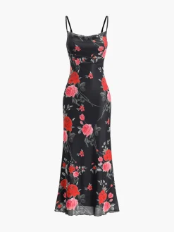Outlet Roses Print Floral Cami Long Dress Black Dresses|Casual Dresses