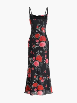 Outlet Roses Print Floral Cami Long Dress Black Dresses|Casual Dresses