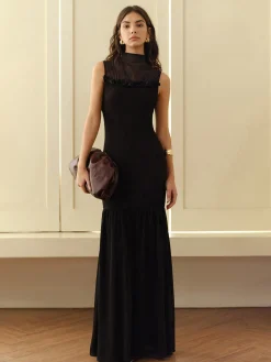 Best Rosette Panel Tank Dress Black Dresses|Casual Dresses