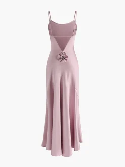 Sale Rosette Pleated Backless Cami Long Dress Cocktail & Party Dresses|Vacation Dresses