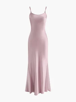 Sale Rosette Pleated Backless Cami Long Dress Cocktail & Party Dresses|Vacation Dresses