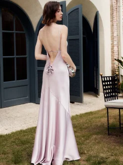 Sale Rosette Pleated Backless Cami Long Dress Cocktail & Party Dresses|Vacation Dresses