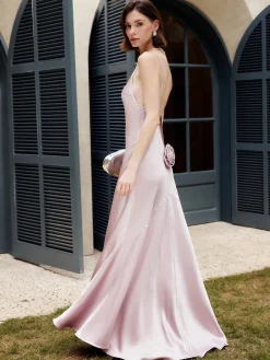 Sale Rosette Pleated Backless Cami Long Dress Cocktail & Party Dresses|Vacation Dresses