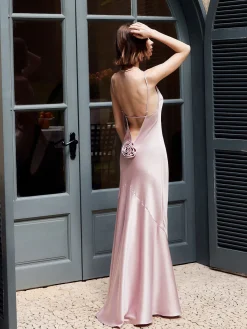 Sale Rosette Pleated Backless Cami Long Dress Cocktail & Party Dresses|Vacation Dresses