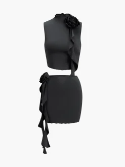 Best Rosette Ruffle Two Piece Skirt Set Skirt Sets|Long Sleeve Sets