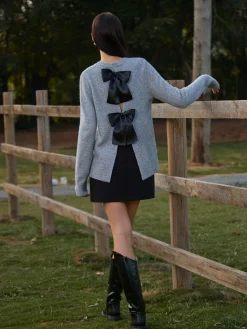 Sale Round Neck Bow-Decor Sweater Knitwear|Tops