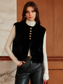 Outlet Round Neck Button Faux Fur Vest Outerwear|Vests