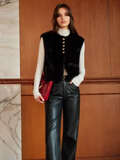 Outlet Round Neck Button Faux Fur Vest Outerwear|Vests