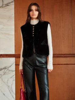 Outlet Round Neck Button Faux Fur Vest Outerwear|Vests