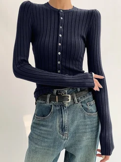 Clearance Round Neck Button Skinny Knit Top Knitwear|Tops
