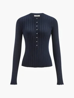 Clearance Round Neck Button Skinny Knit Top Knitwear|Tops