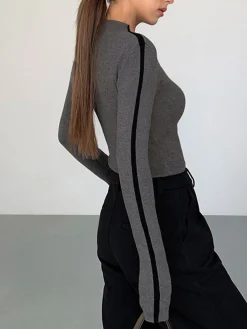 Best Round Neck Contrast Trim Slim Knit Top Sweater Tops|Sweaters & Cardigans