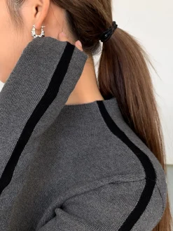 Best Round Neck Contrast Trim Slim Knit Top Sweater Tops|Sweaters & Cardigans