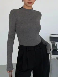 Best Round Neck Contrast Trim Slim Knit Top Sweater Tops|Sweaters & Cardigans