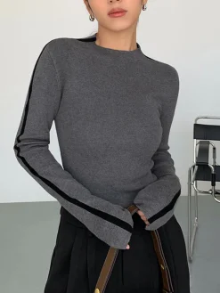 Best Round Neck Contrast Trim Slim Knit Top Sweater Tops|Sweaters & Cardigans