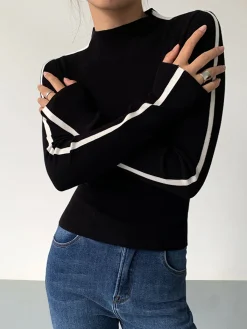 Best Round Neck Contrast Trim Slim Knit Top Sweater Tops|Sweaters & Cardigans