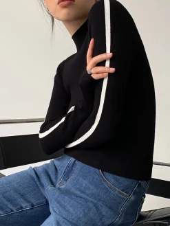 Best Round Neck Contrast Trim Slim Knit Top Sweater Tops|Sweaters & Cardigans