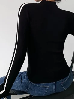 Best Round Neck Contrast Trim Slim Knit Top Sweater Tops|Sweaters & Cardigans