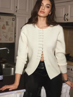 Round Neck Knot-Button Knit Top Sweater Tops|Sweaters & Cardigans